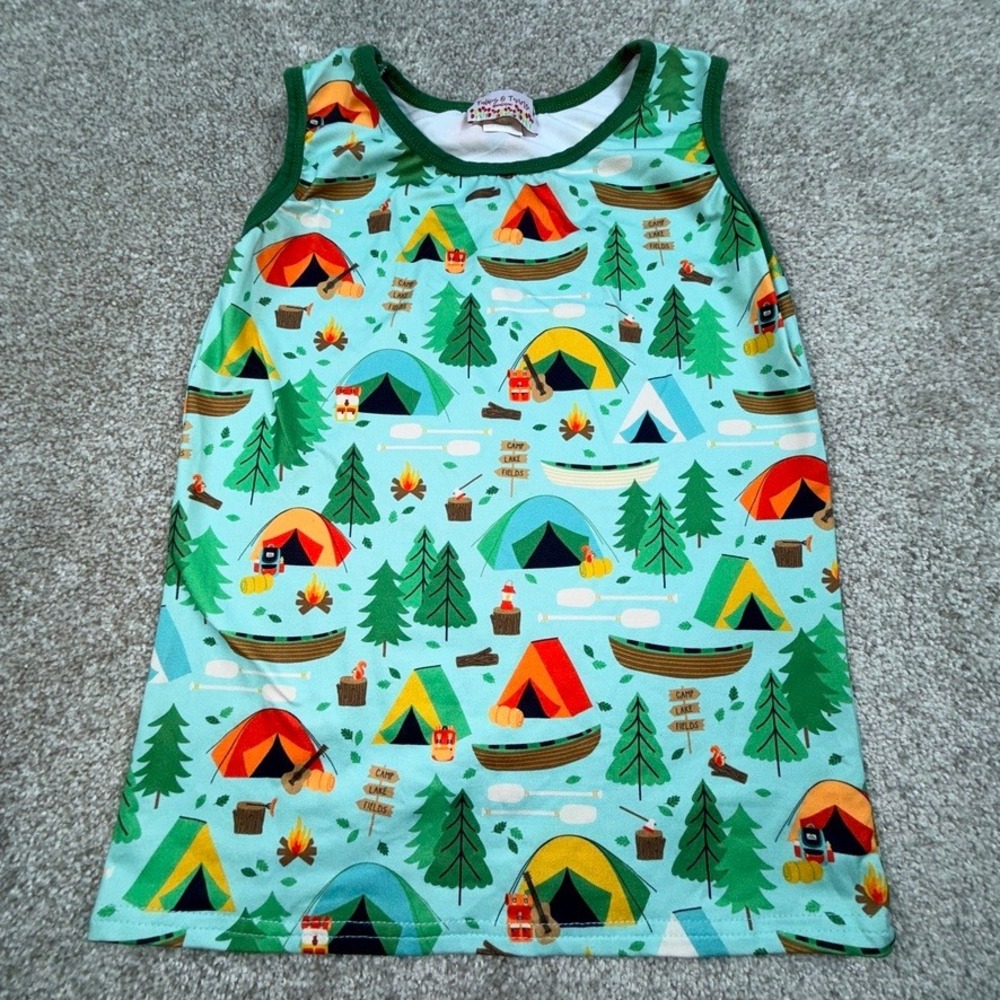 Tulips & Twirls Boutique Girls Camping Print Tank Dress Tunic Blue Green 7/8